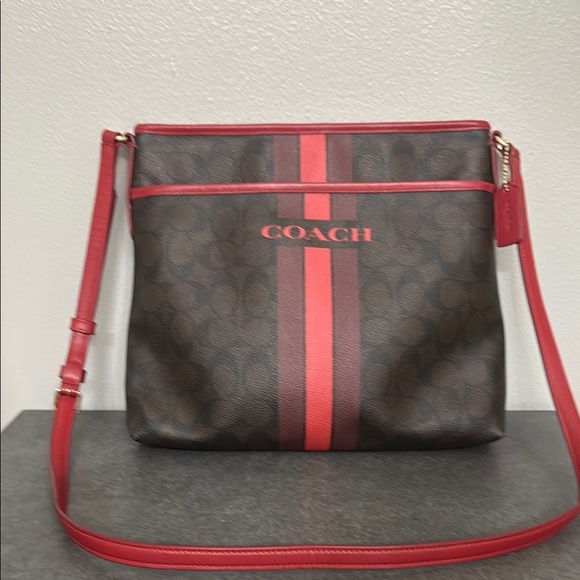 Coach Handbags - Unique Pristine Coach Brown Crossbody with Red Stripe and Red Strap